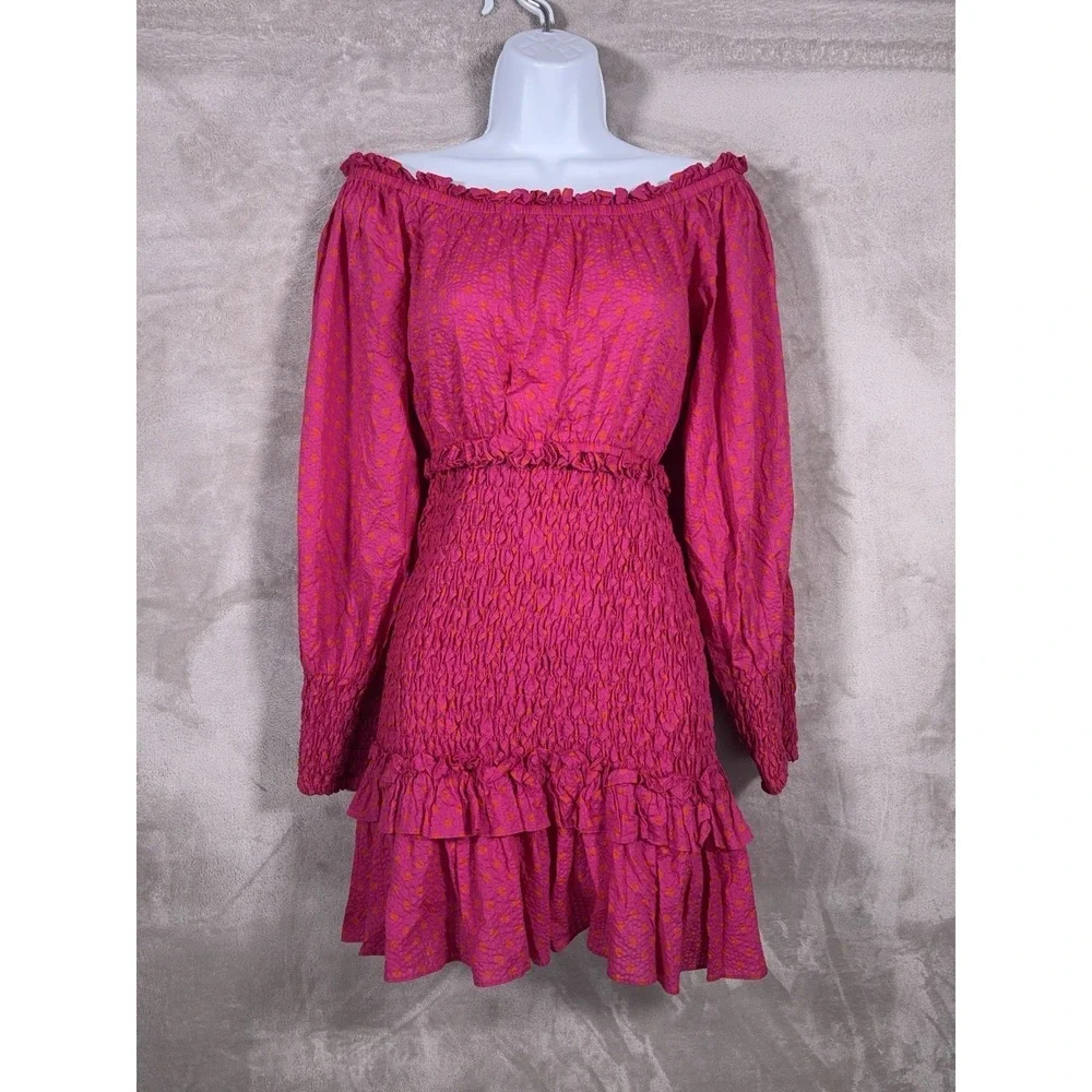 Alexis Marilena Smocked Dress Womens Small Pink Polka Dot Off Shoulder